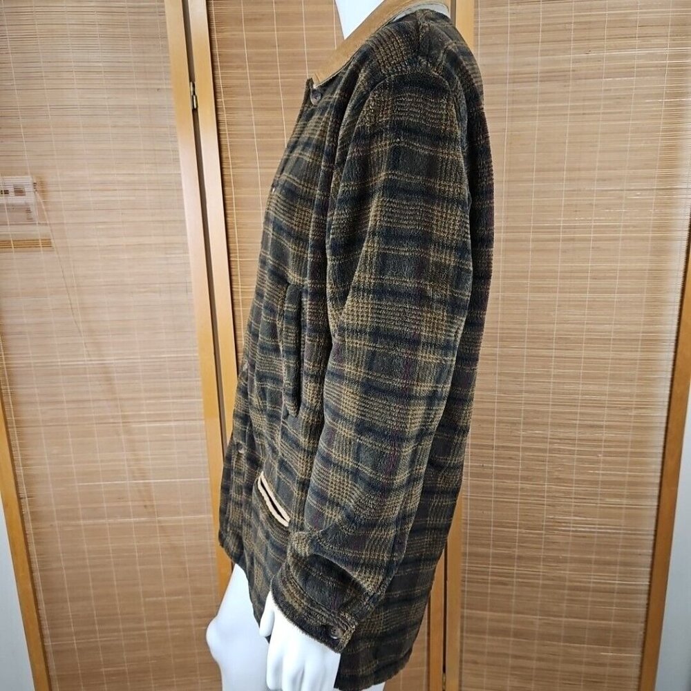Orvis Fleece Teddy Jacket Mens XL Brown Black Plaid Faux Suede Utility Vintage - Picture 2 of 13
